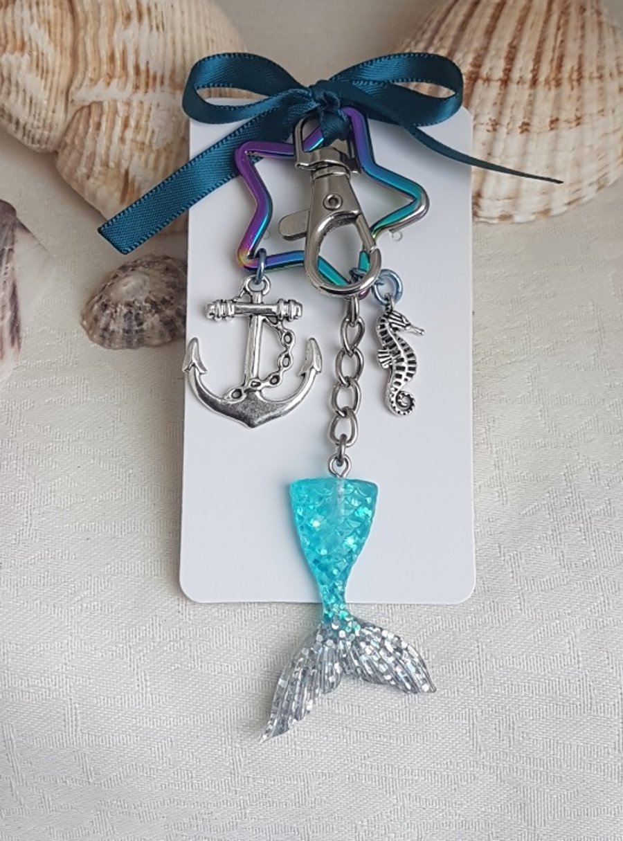 Gorgeous Mermaid Tail Key Ring - Bag Charm - Blue and Silver.