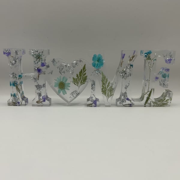 Handmade Resin 'Home' Freestanding Decoration with Dried Flowers and Silver Leaf