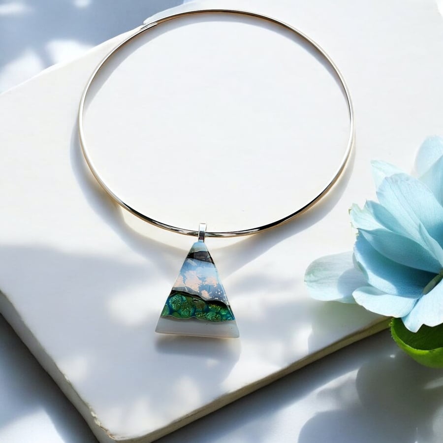 Fused Glass 'Glacier Mountains' Necklace, Pendant Silver Leaf