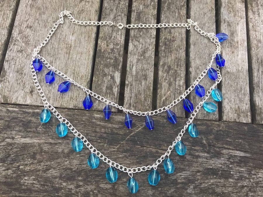 Blue and sky blue glass beads double layer necklace
