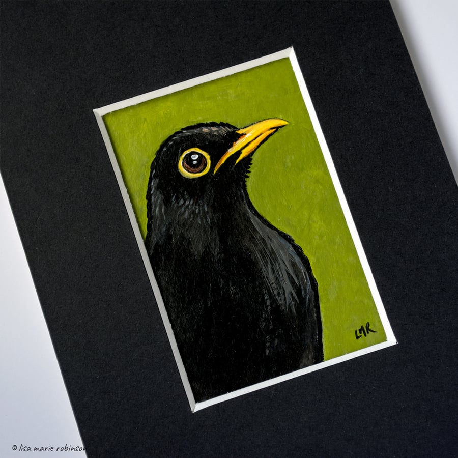 Miniature Acrylic Painting 'Blackbird' 2 x 3 inch - Window Mounted