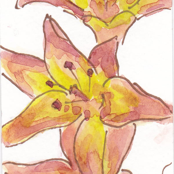 ACEO Floral Art Orange Lilies Original Watercolour and Ink Painting OOAK 