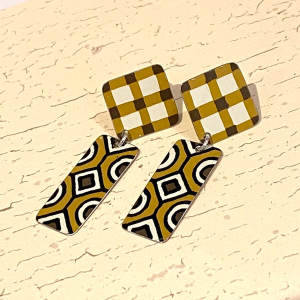Recycled vintage tin retro ochre pattern square and rectangle drop earrings