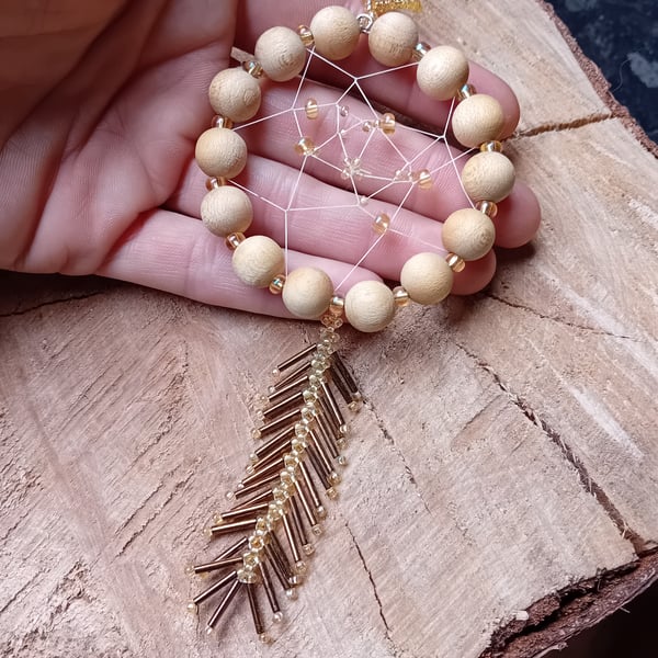 Wooden and gold bead small beaded dreamcatcher