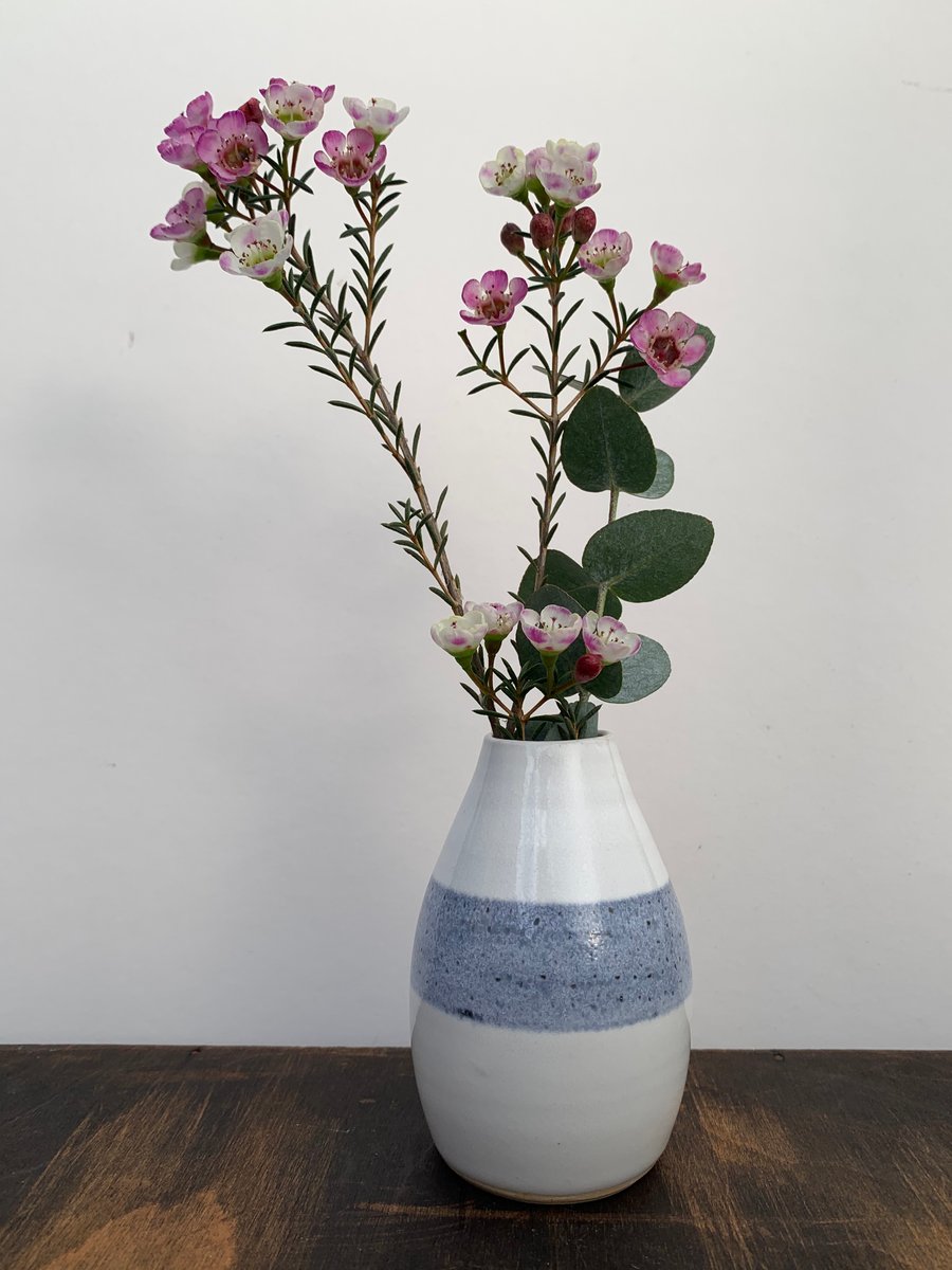 Small Bud Vase, White with blue decoration and an altered rim