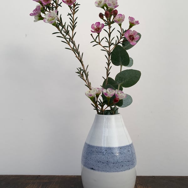 Small Bud Vase, White with blue decoration and an altered rim