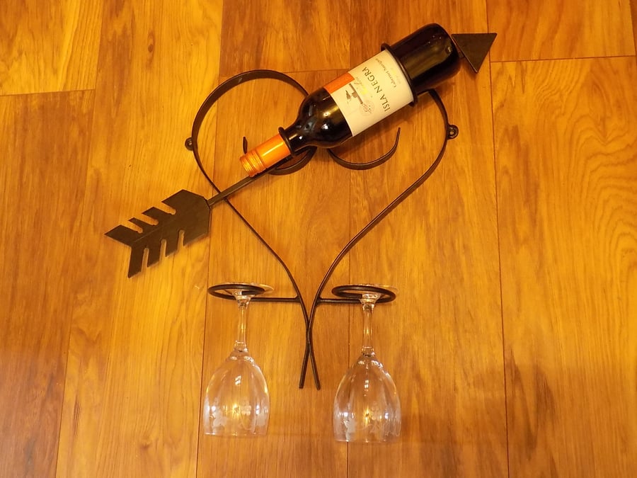Wrought Iron Love Heart Wine Bottle & Glasses Wall Feature