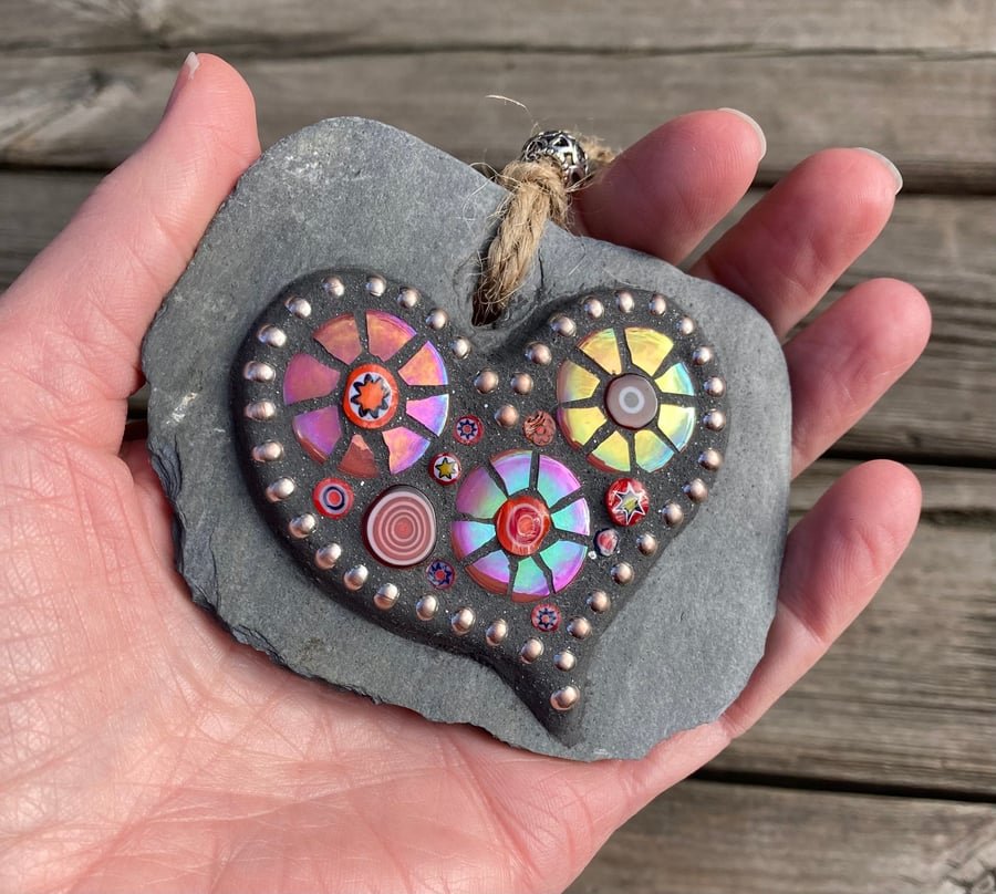 Mosaic Mini Heart Slate hanging decoration, with iridescent glass tiles and mill