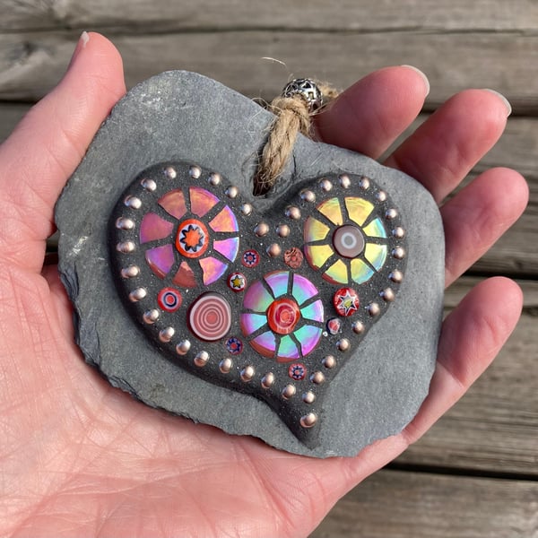 Mosaic Mini Heart Slate hanging decoration, with iridescent glass tiles and mill