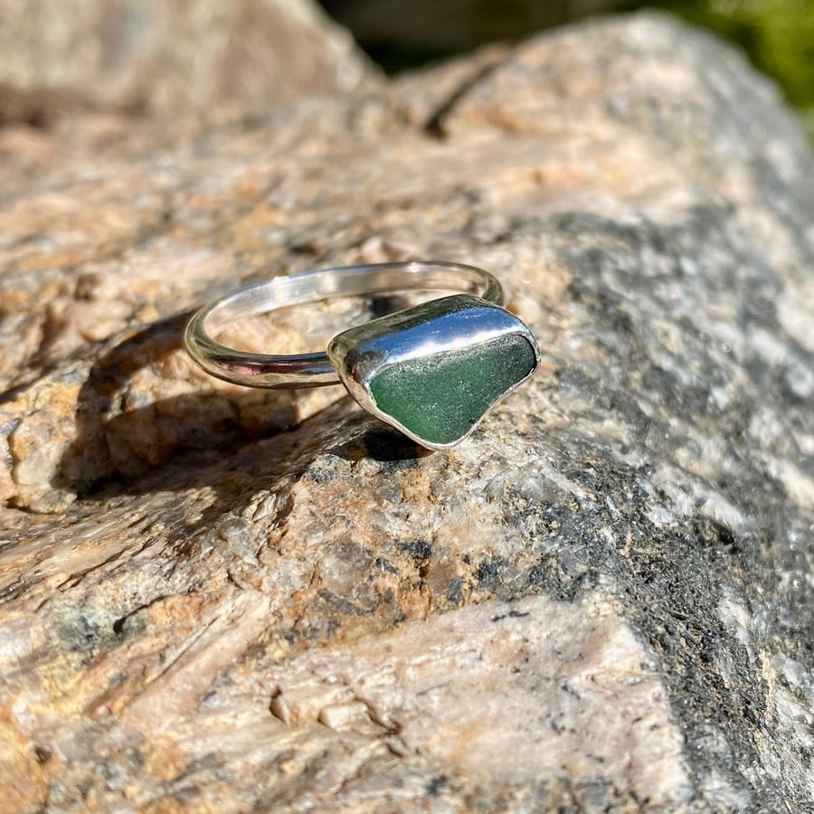 Forest Green Sea Glass and Sterling Silver Ring - Size T - 1358