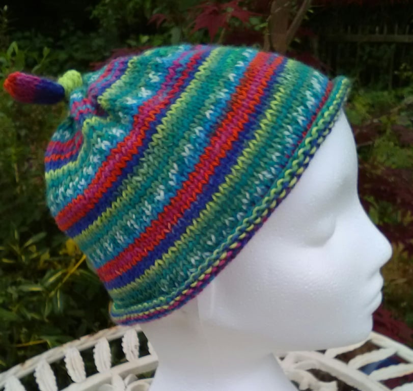Handknit KNOTTY TOP BEANIE Stripey jacquard in multi brights child teen adult sm