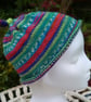 Handknit KNOTTY TOP BEANIE Stripey jacquard in multi brights child teen adult sm - Image 1