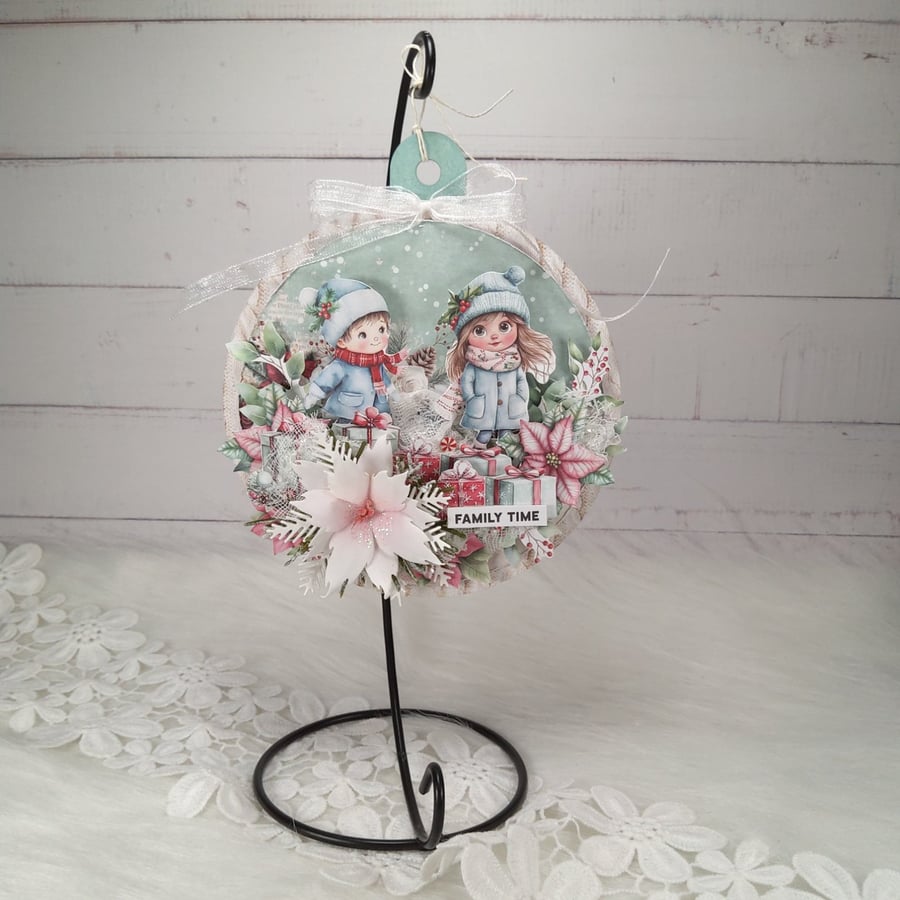 Handmade Christmas Bauble Decoration (1b)-Family Time Winter Ornament 