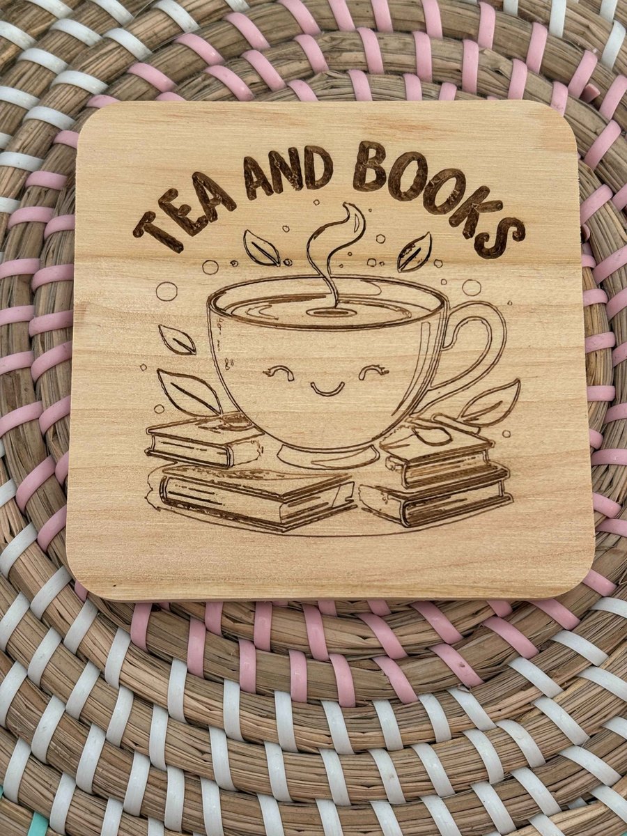 Wooden Coaster - Tea and Books - 10cm Square design handmade