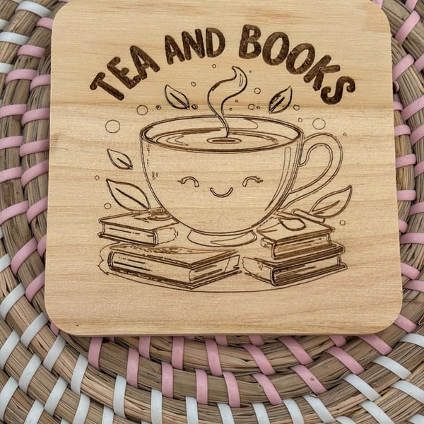 Wooden Coaster - Tea and Books - 10cm Square design handmade