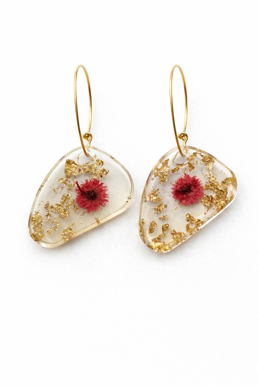 Pink Flower Resin Earrings with Gold Leaf – Asymmetrical Dangle 