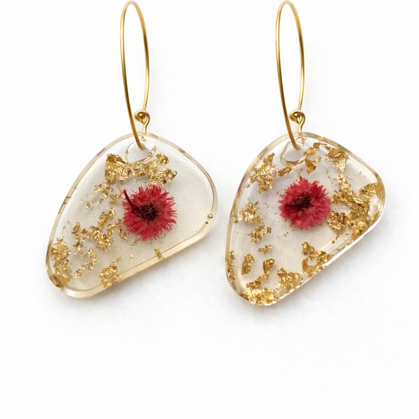 Pink Flower Resin Earrings with Gold Leaf – Asymmetrical Dangle 