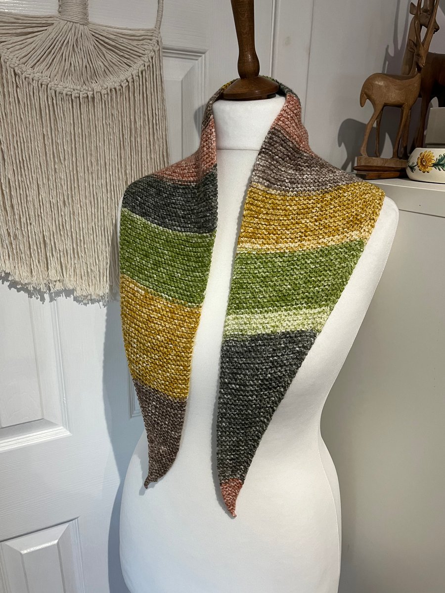 Cotton mix yarn Mustard Green earthy colours wrap scarf neckerchief 120cms long 