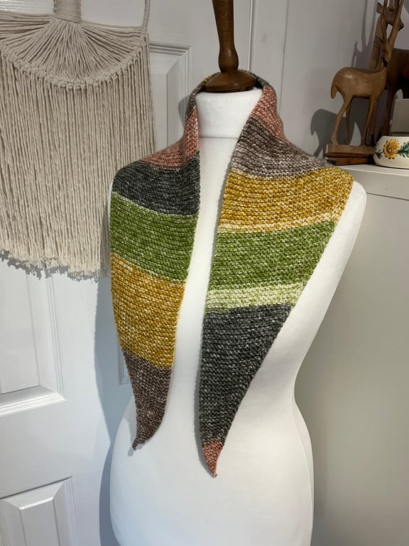 Cotton mix yarn Mustard Green earthy colours wrap scarf neckerchief 120cms long 