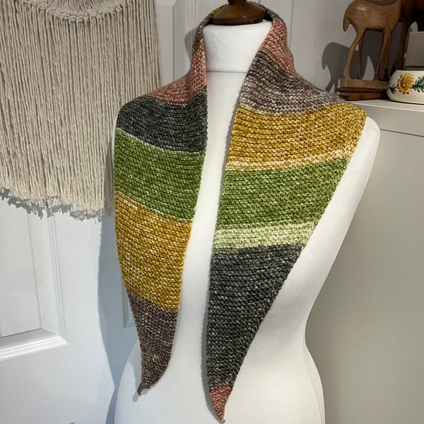 Cotton mix yarn Mustard Green earthy colours wrap scarf neckerchief 120cms long 