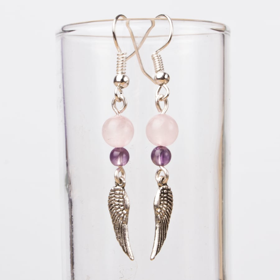 Angel Wing Earrings - Rose quartz and amethyst gemstone