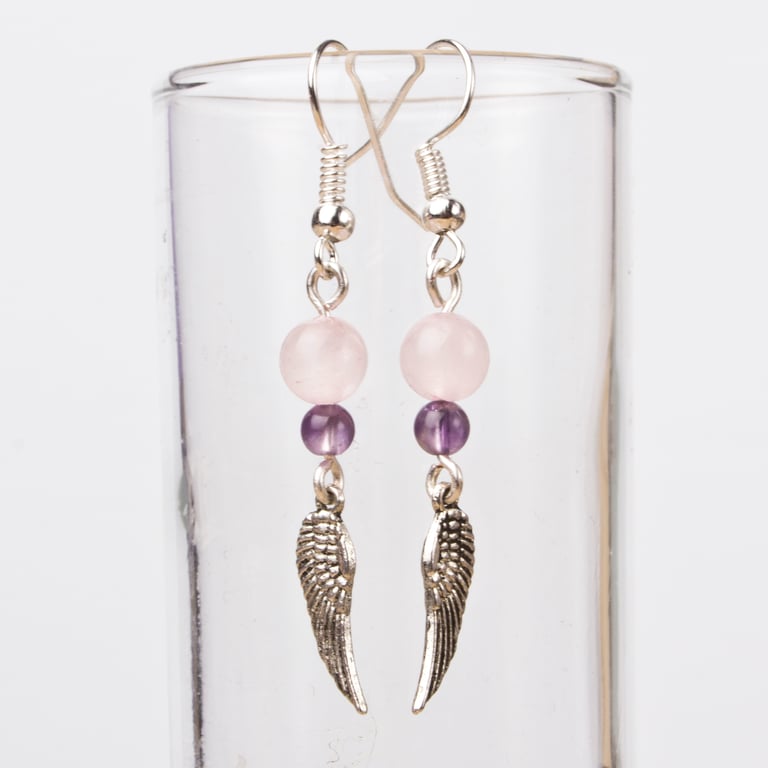 Angel Wing Earrings - Rose quartz and amethyst gemstone