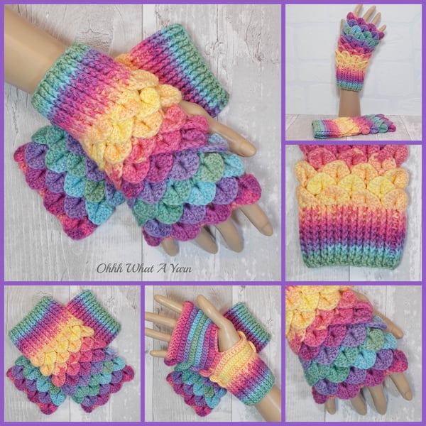 Pastel rainbow dragon scale gloves. Fingerless gloves. Texting mitts.