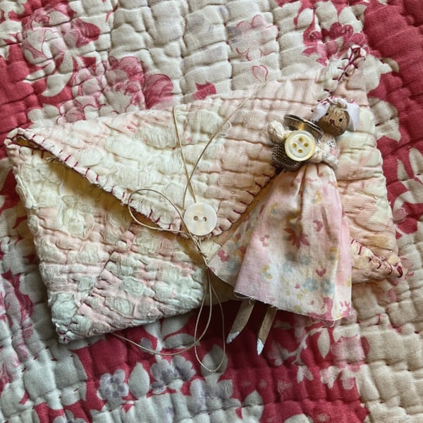 Thimble Peg Doll with Vintage Quilt Envelope 