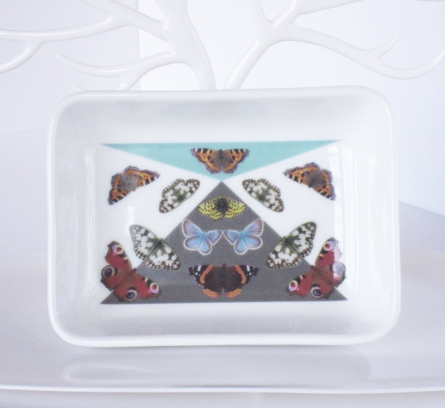 British Butterfly Pattern Ceramic Dish, 13 x 9.5cm, Many Uses