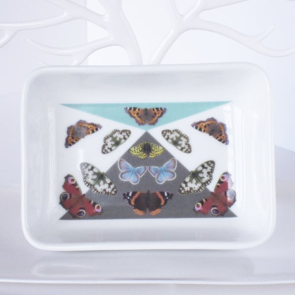 British Butterfly Pattern Ceramic Dish, 13 x 9.5cm, Many Uses