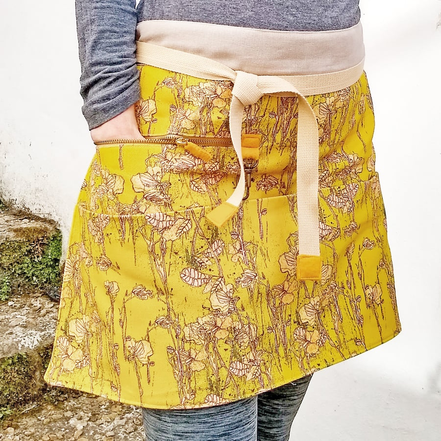 Floral design, denim utility apron