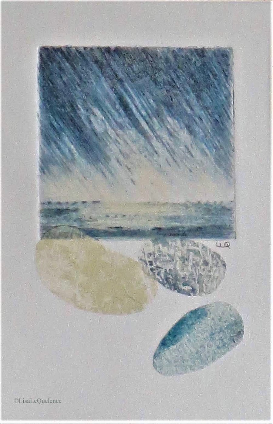 Original mixed media and collage rain over the ocean coastal art