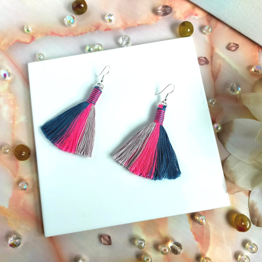 Unique handmade striped tassel earrings, Multi coloured boho earrings for women,