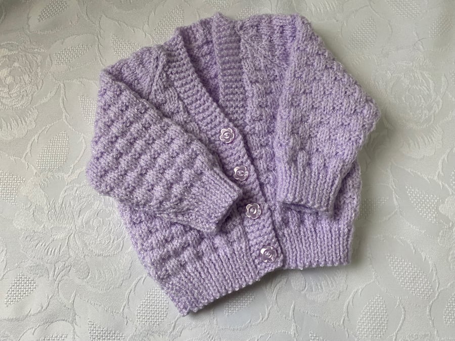 Hand knitted V neck Lilac Shimmer Cardigan to fit 0 - 3 month approx