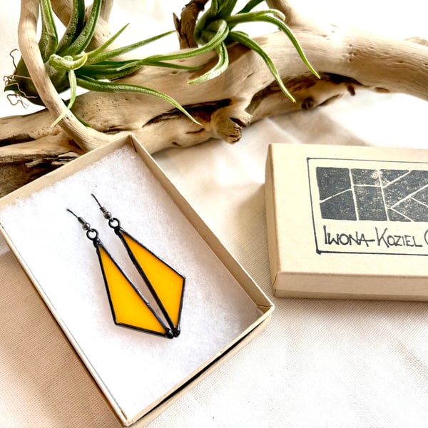 Marigold yellow stained glass shard dangle earrings