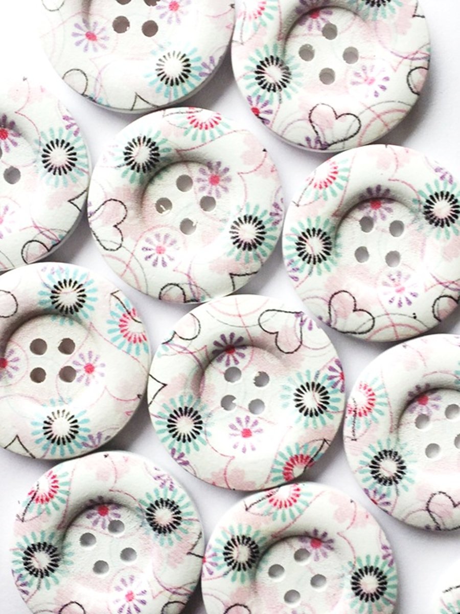 15 Wooden Buttons, Hearts and Flowers on White, Large 30mm Wide