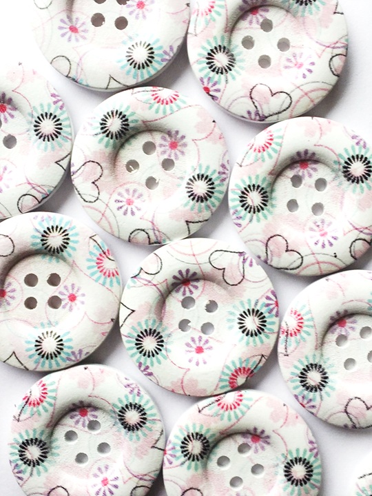 15 Wooden Buttons, Hearts and Flowers on White, Large 30mm Wide