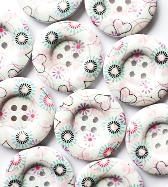 15 Wooden Buttons, Hearts and Flowers on White, Large 30mm Wide