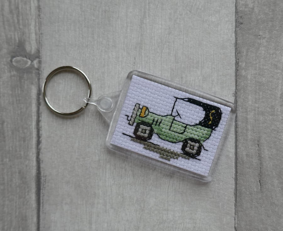 Cross Stitch Green Vintage Car - Rectangular Keyring