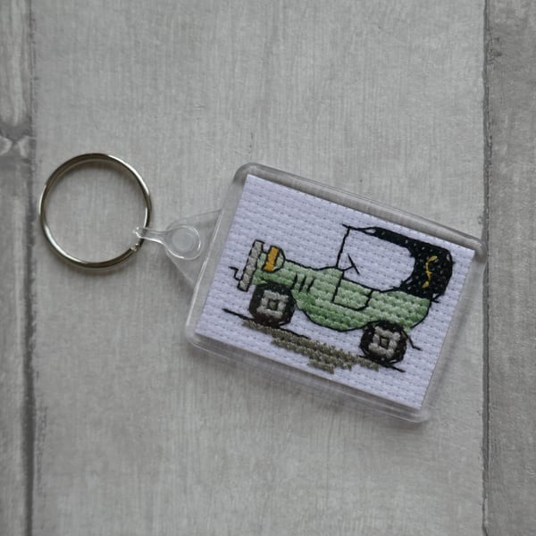Cross Stitch Green Vintage Car - Rectangular Keyring