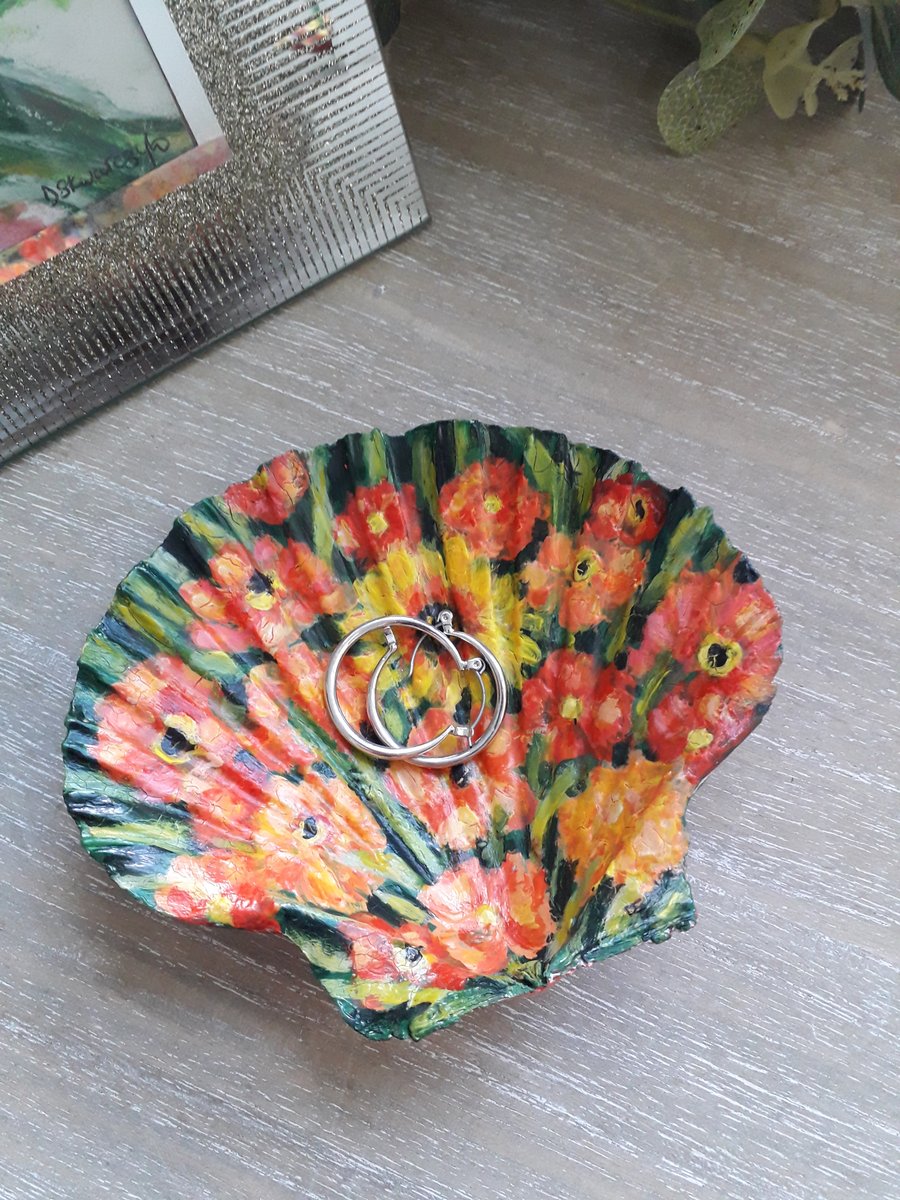 Orange Geums handpainted shell trinket dish