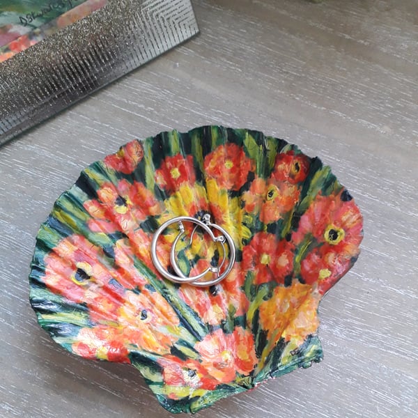 Orange Geums handpainted shell trinket dish