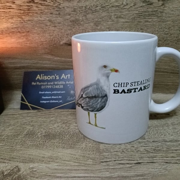 Beautiful mugs with hand drawn images Seagull chip stealing 