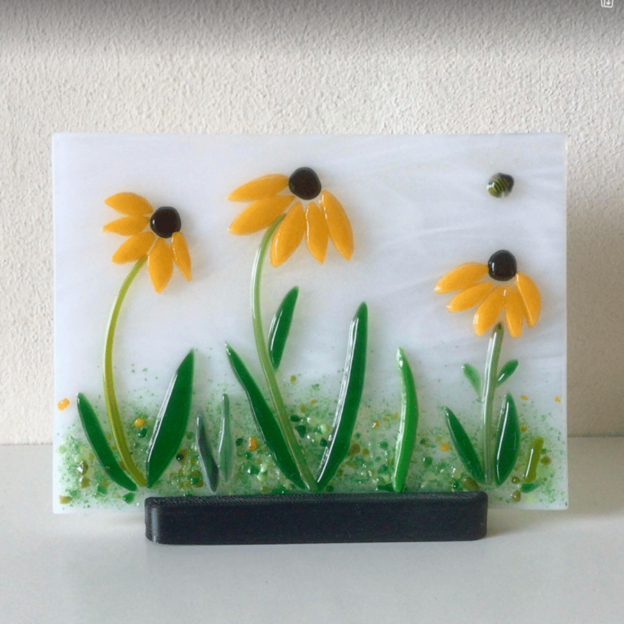 Fused glass yellow daisies floral panel with stand