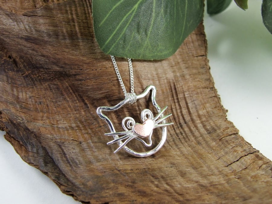 Cat Necklace, Sterling Silver with Copper Accents Pendant