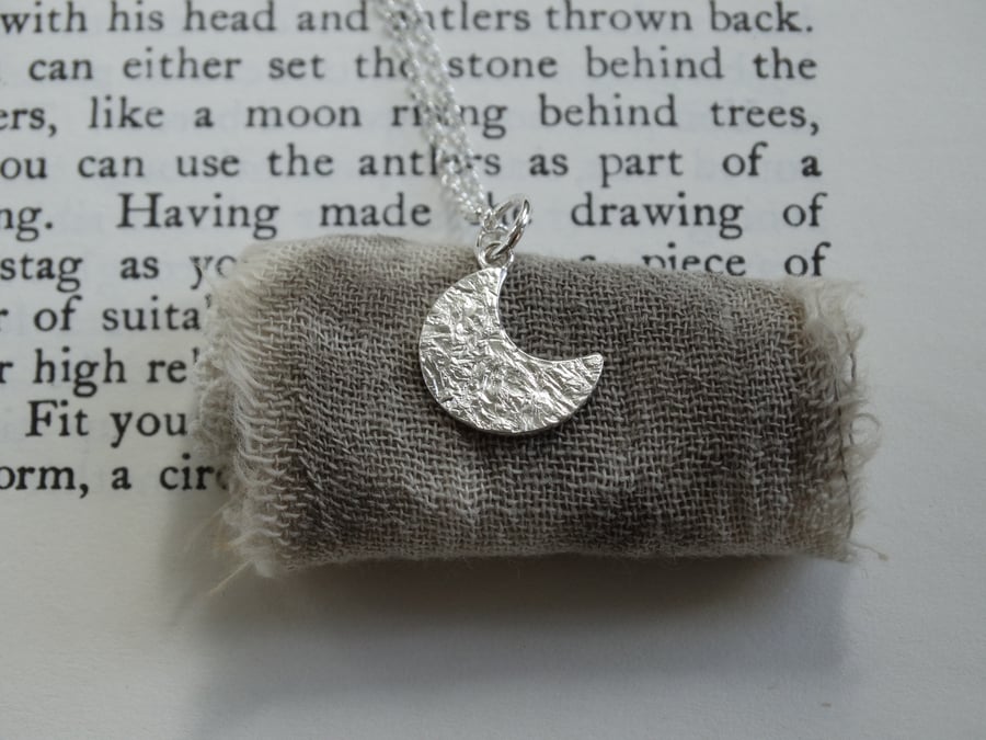 Moon crescent pendant - winter moon - frost textured recycled sterling silver