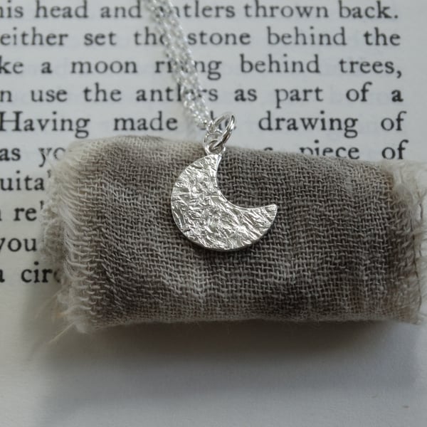 Crescent moon pendant - winter moon - textured recycled sterling silver