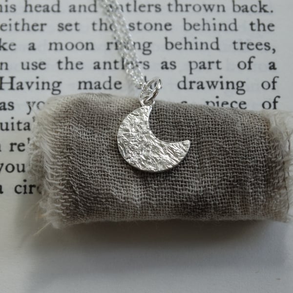 Moon crescent pendant - winter moon - frost textured recycled sterling silver