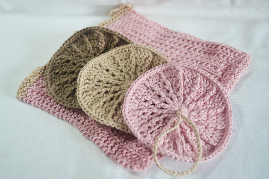 Crochet 1 Small Washcloth 3 Makeup Remover Pads Pink Beige Brown, 100% Cotton A