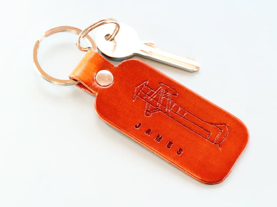 Personalised Tiger Moth Hand-Carved Leather Keyring Plane Key Fob Gift For Pilot